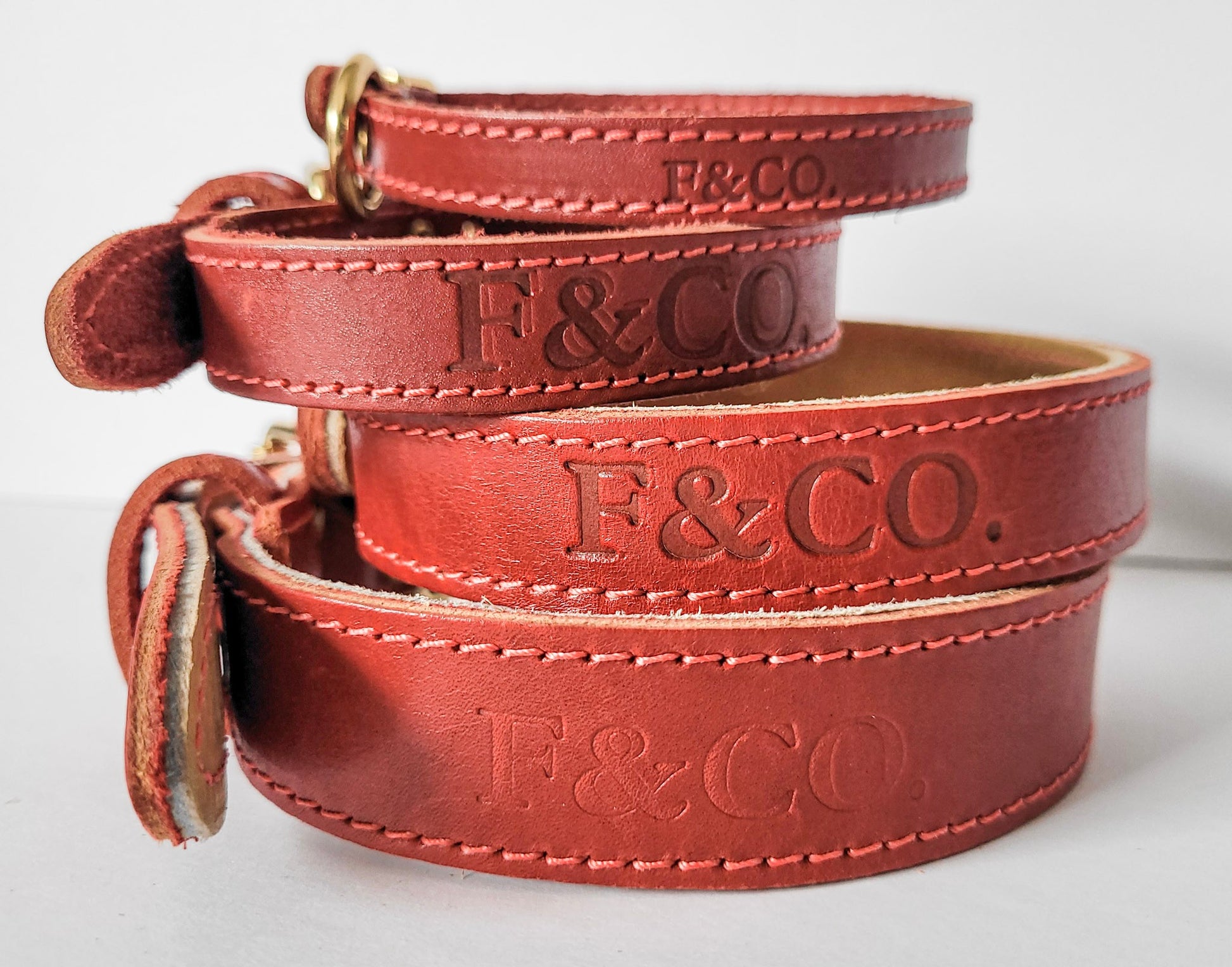 Plusieurs grandeurs et largeurs de colliers pour chien en cuir rouge.de verso. Logo estampé F&Co. Coutures rouges.